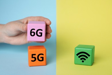 Photo of Man putting 6G instead 5G near WiFi sign on color background, closeup