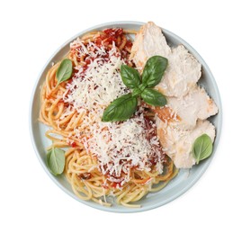 Photo of Delicious pasta with tomato sauce, chicken and parmesan cheese isolated on white, top view