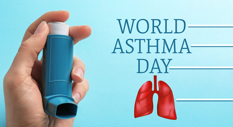 Image of World asthma day. Woman holding inhaler on light blue background, closeup