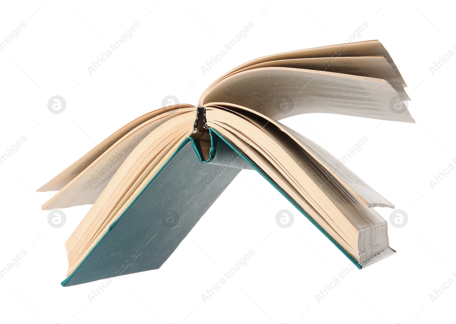 Photo of Open old hardcover book on white background