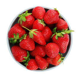 Photo of Ripe strawberries in bowl isolated on white, top view