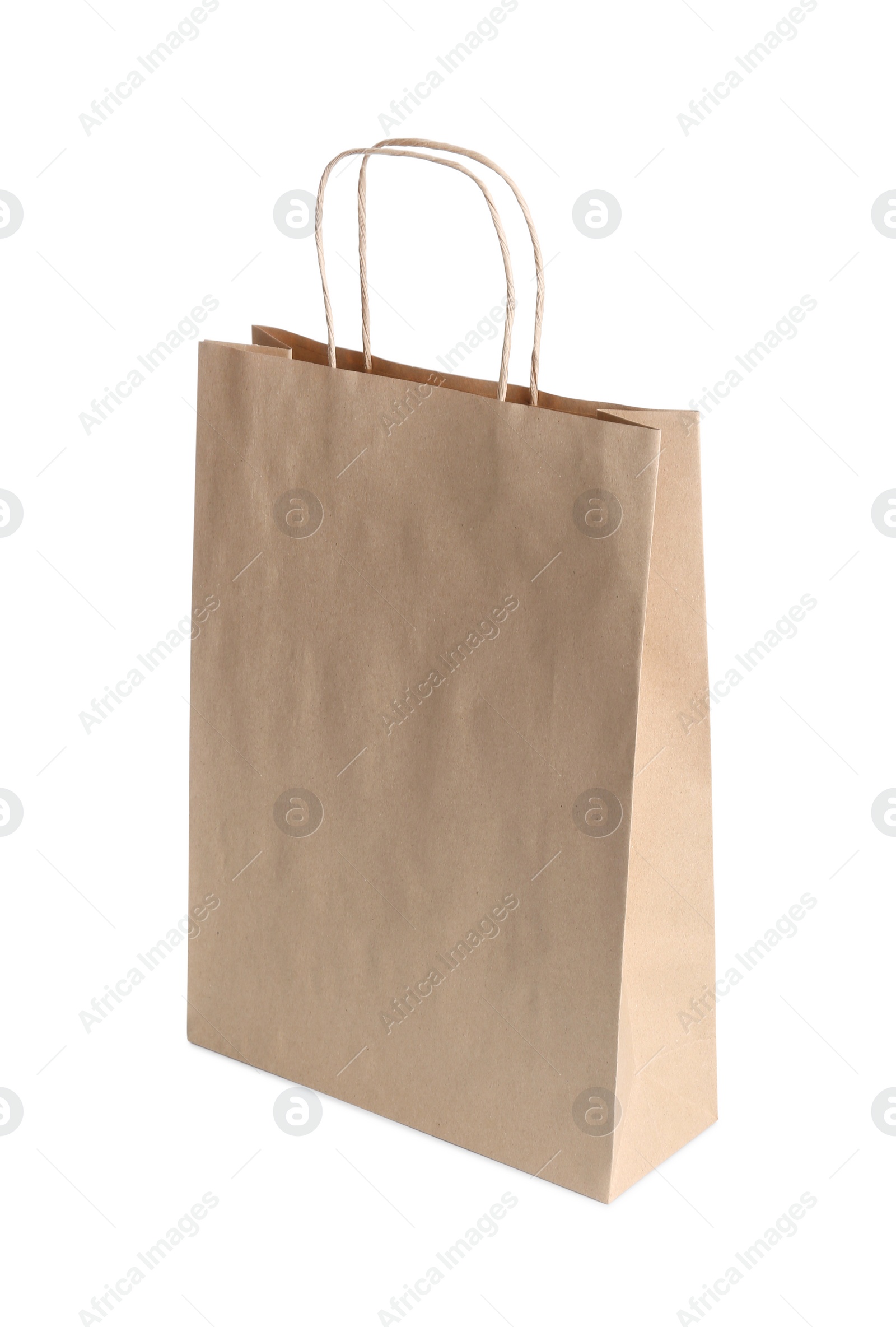 Photo of One kraft paper bag isolated on white. Mockup for design