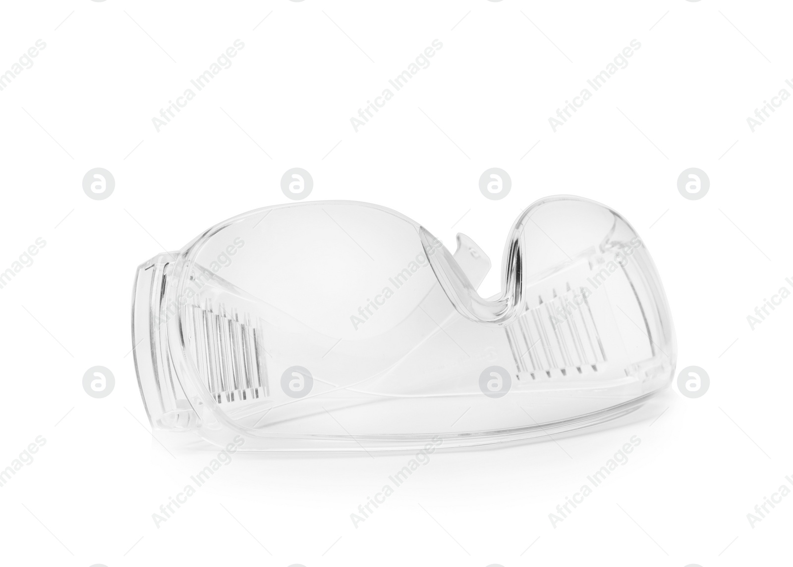 Photo of Protective goggles on white background. Construction tool