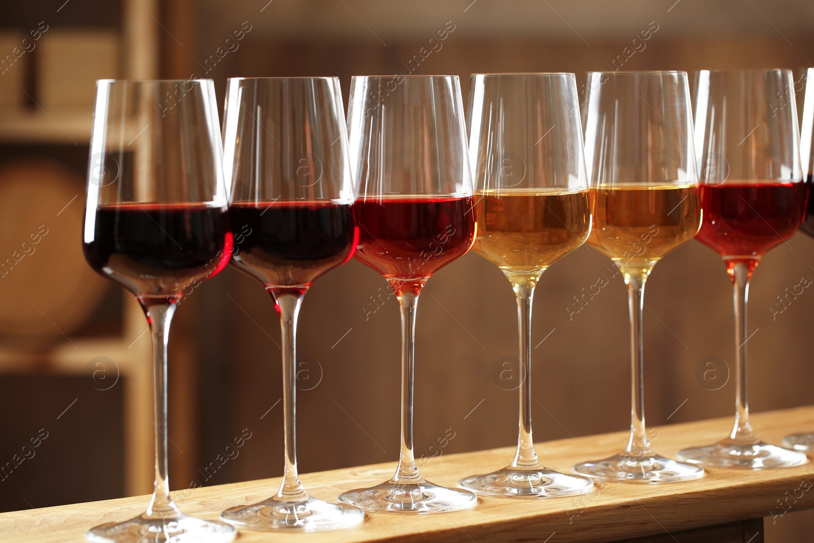 Photo of Glasses of different wines in cellar. Expensive collection