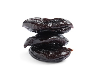 Photo of Tasty prunes on white background. Dried fruit as healthy snack