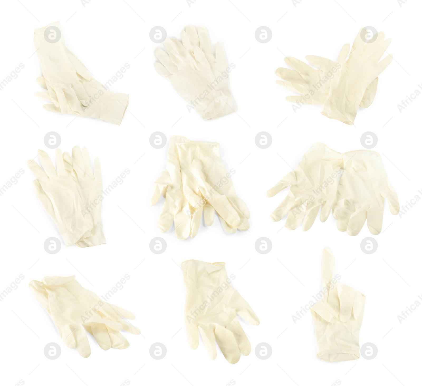 Image of Set of medical gloves on white background