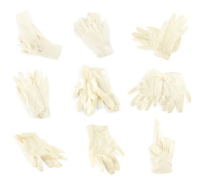 Image of Set of medical gloves on white background