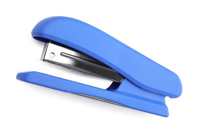 Photo of One blue stapler isolated on white, top view