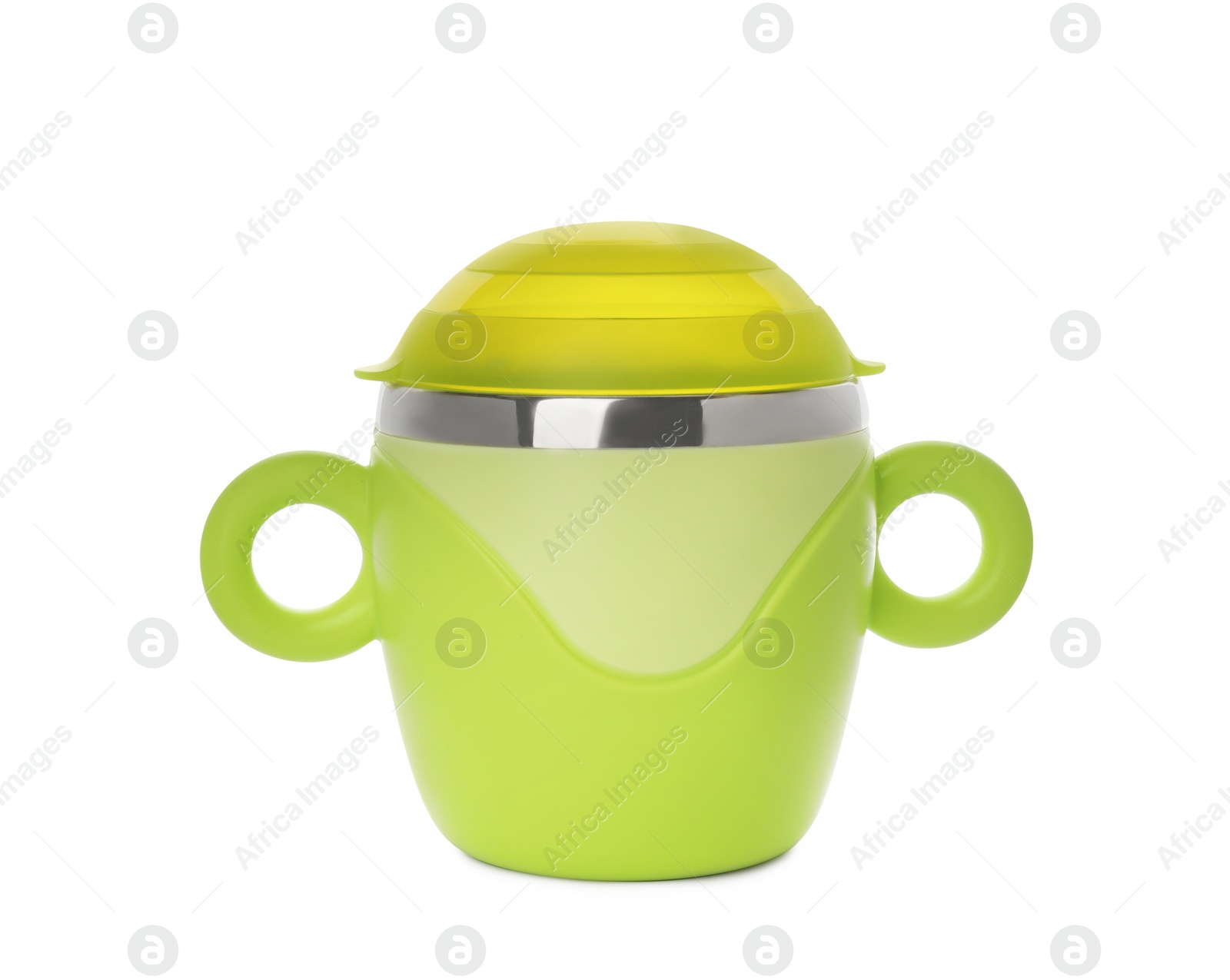 Photo of Plastic baby cup with lid isolated on white