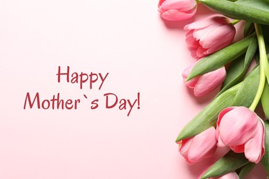 Image of Happy Mother's Day greeting card. Beautiful tulip flowers on pink background