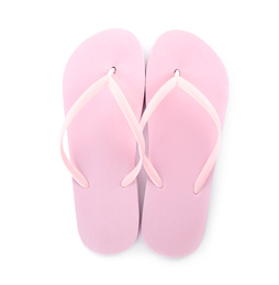 Photo of Light pink flip flops isolated on white, top view. Beach accessory