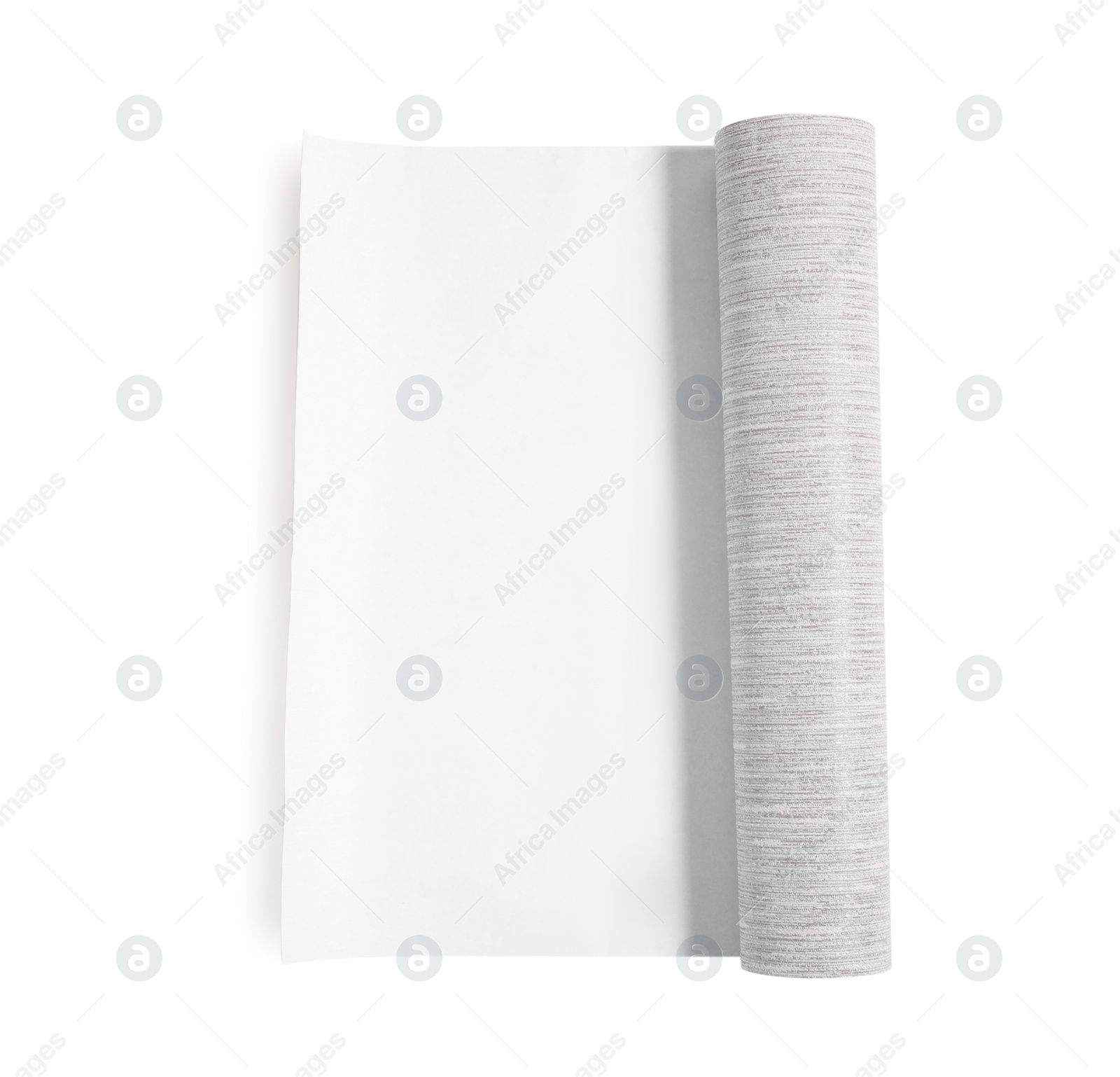 Photo of One grey wallpaper roll isolated on white, top view