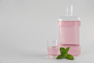 Photo of Mouthwash and fresh mint on light grey background. Space for text