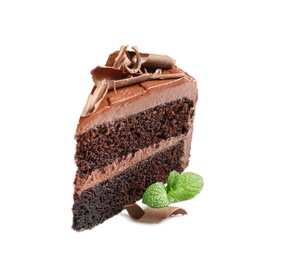 Photo of Piece of tasty homemade chocolate cake with mint on white background