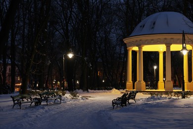Trees, street lamps, gazebo and snow in evening park
