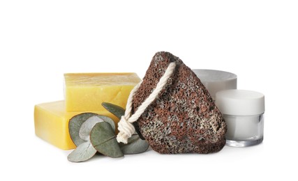 Pumice stone, cosmetic products and eucalyptus on white background