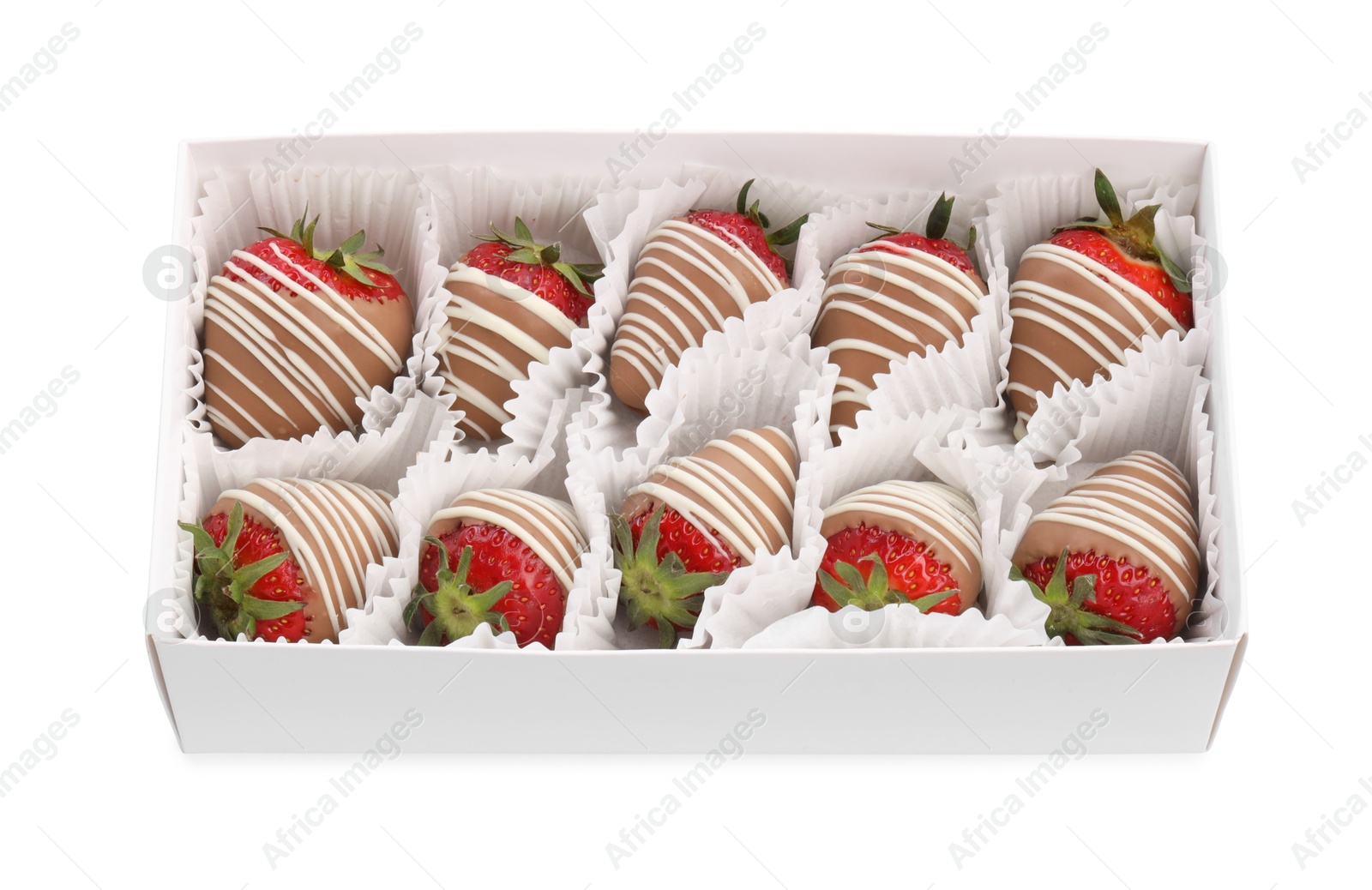 Photo of Box with delicious chocolate covered strawberries isolated on white