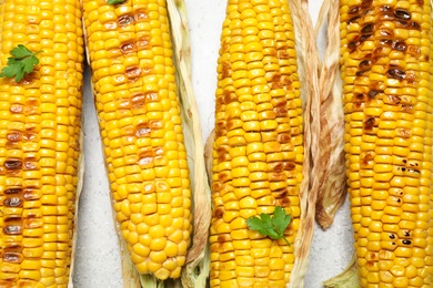 Delicious grilled corn cobs on light table, flat lay