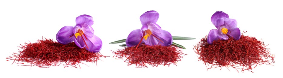 Image of Set with dried saffron and crocus flowers on white background. Banner design 