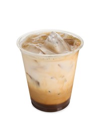 Photo of Takeaway plastic cup with cold coffee drink isolated on white