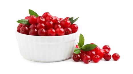 Fresh ripe cranberries with leaves on white background