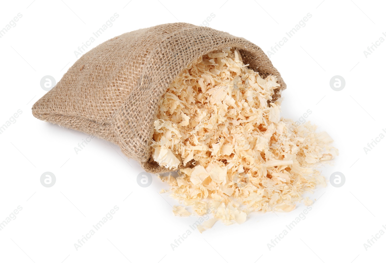 Photo of Natural sawdust in burlap sack isolated on white