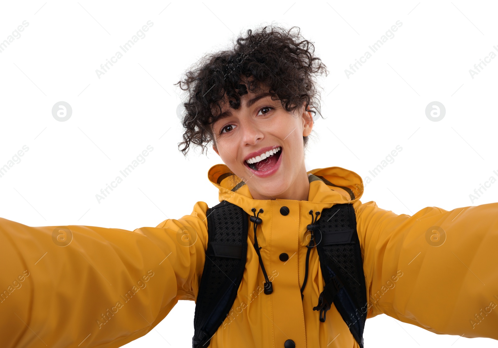 Photo of Beautiful woman taking selfie on white background