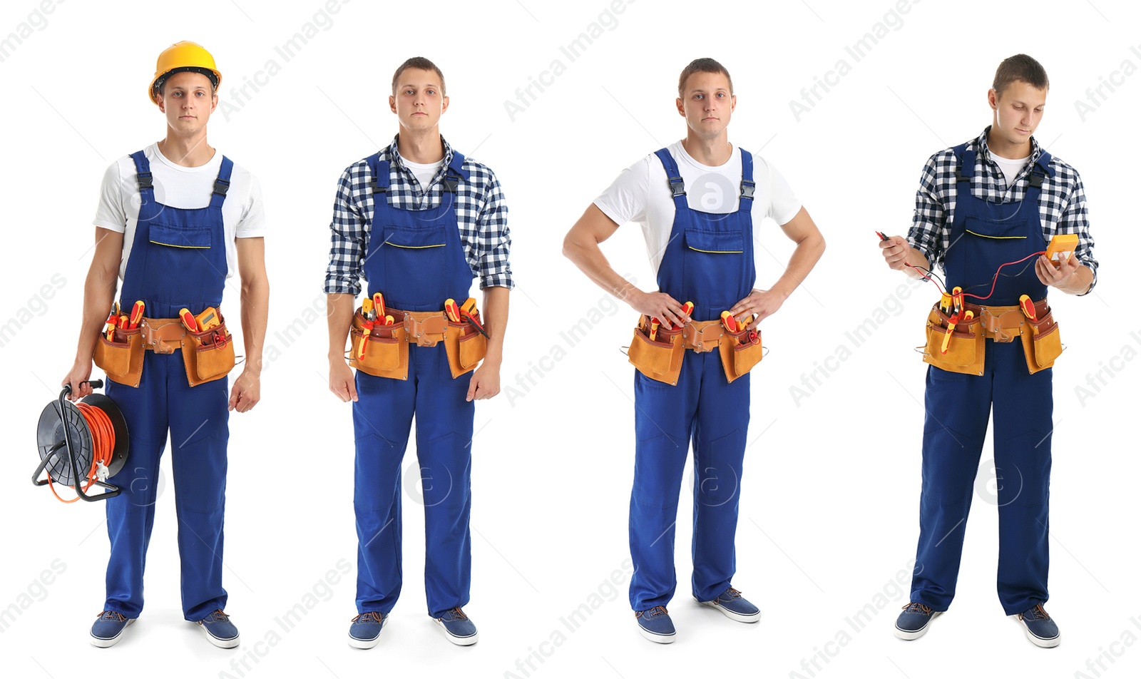 Image of Collage with photos of electrician on white background