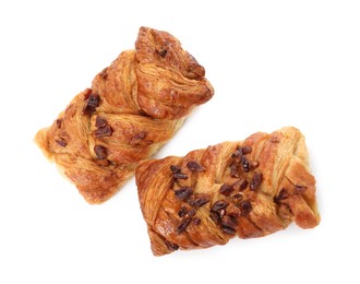 Photo of Tasty sweet buns with raisins isolated on white, top view. Fresh pastries