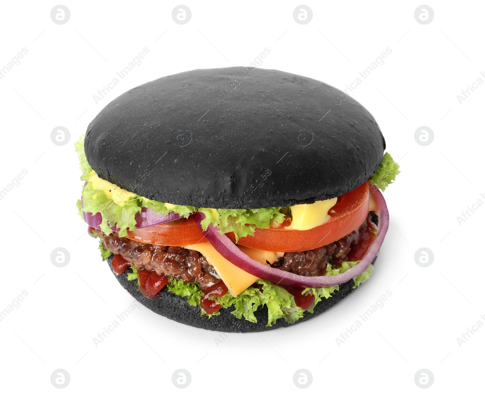 Photo of Tasty unusual black burger isolated on white