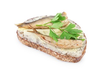 Photo of Delicious sandwich with smoked sprats and parsley isolated on white