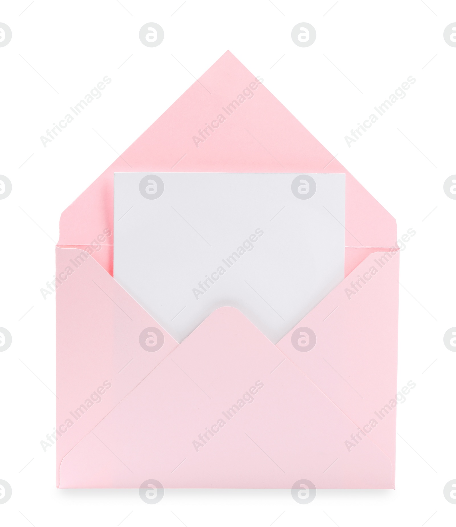 Photo of Pink letter envelope with card on white background