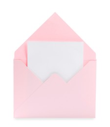 Photo of Pink letter envelope with card on white background