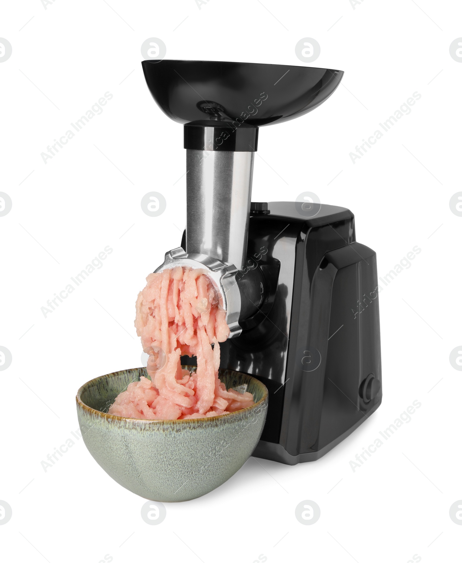 Photo of Electric meat grinder with chicken mince and bowl isolated on white