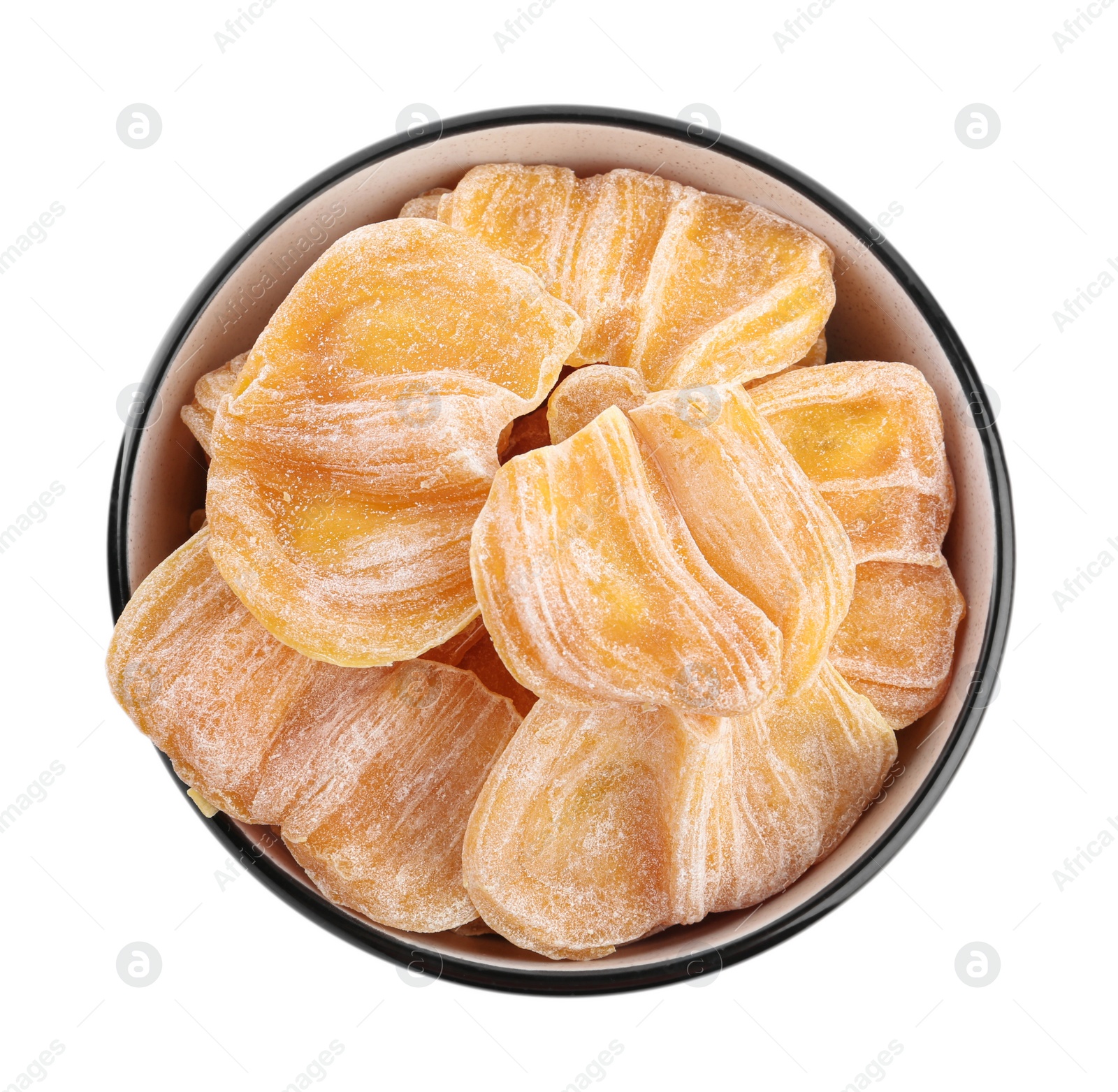 Photo of Delicious dried jackfruit slices in bowl isolated on white, top view