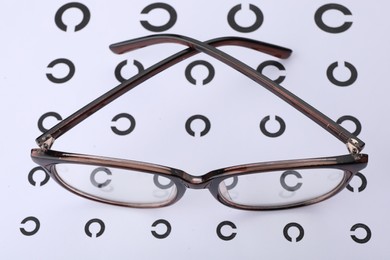Vision test chart and glasses, closeup view