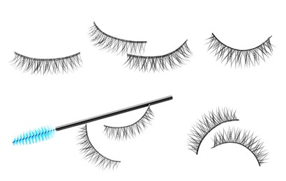 Set with beautiful false eyelashes and brush on white background