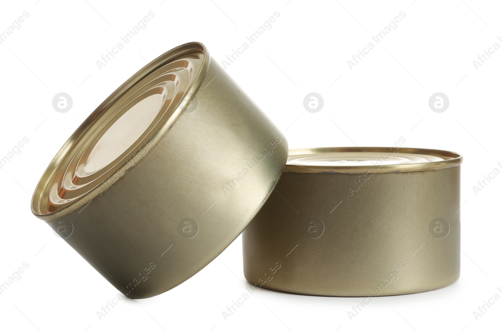 Photo of Closed tin cans isolated on white, mockup for design