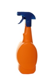 Photo of Spray bottle with detergent on white background. Cleaning supplies