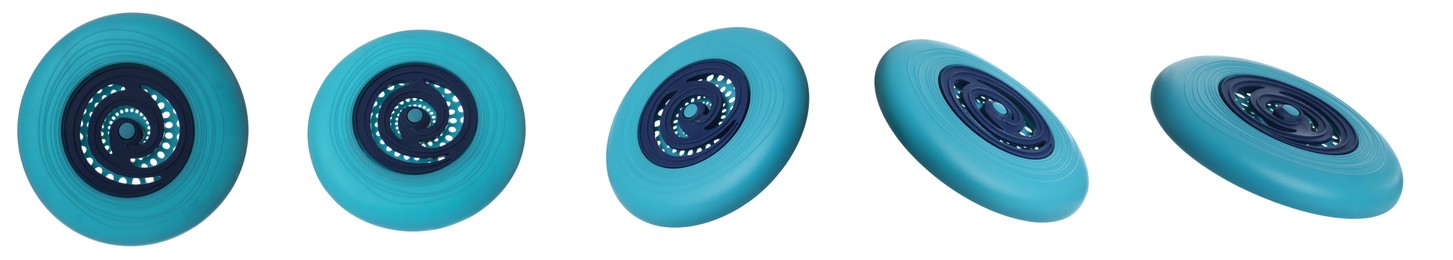 Image of Set of blue frisbee on white background, different views