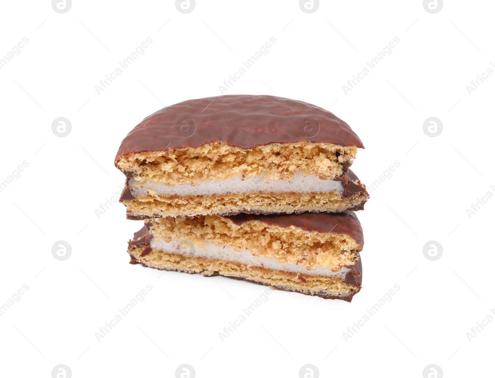 Photo of Halves of tasty choco pie isolated on white