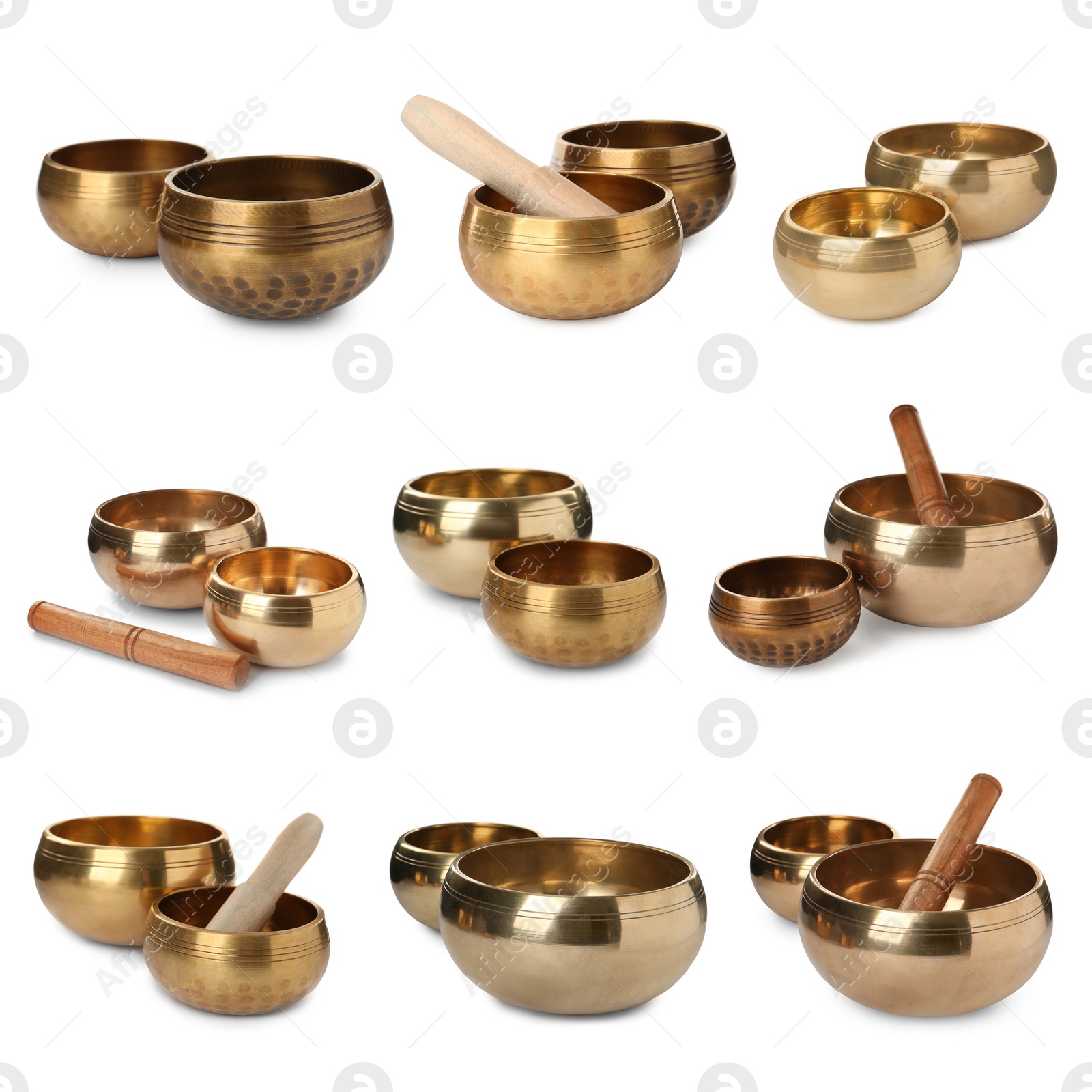 Image of Set with Tibetan singing bowls on white background 