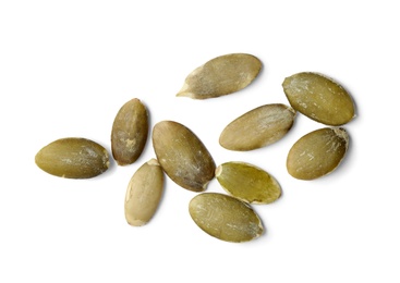 Photo of Raw pumpkin seeds on white background, top view