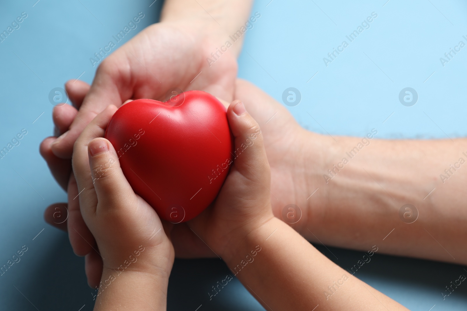 Photo of Father and his child holding red decorative heart on light blue background, closeup
