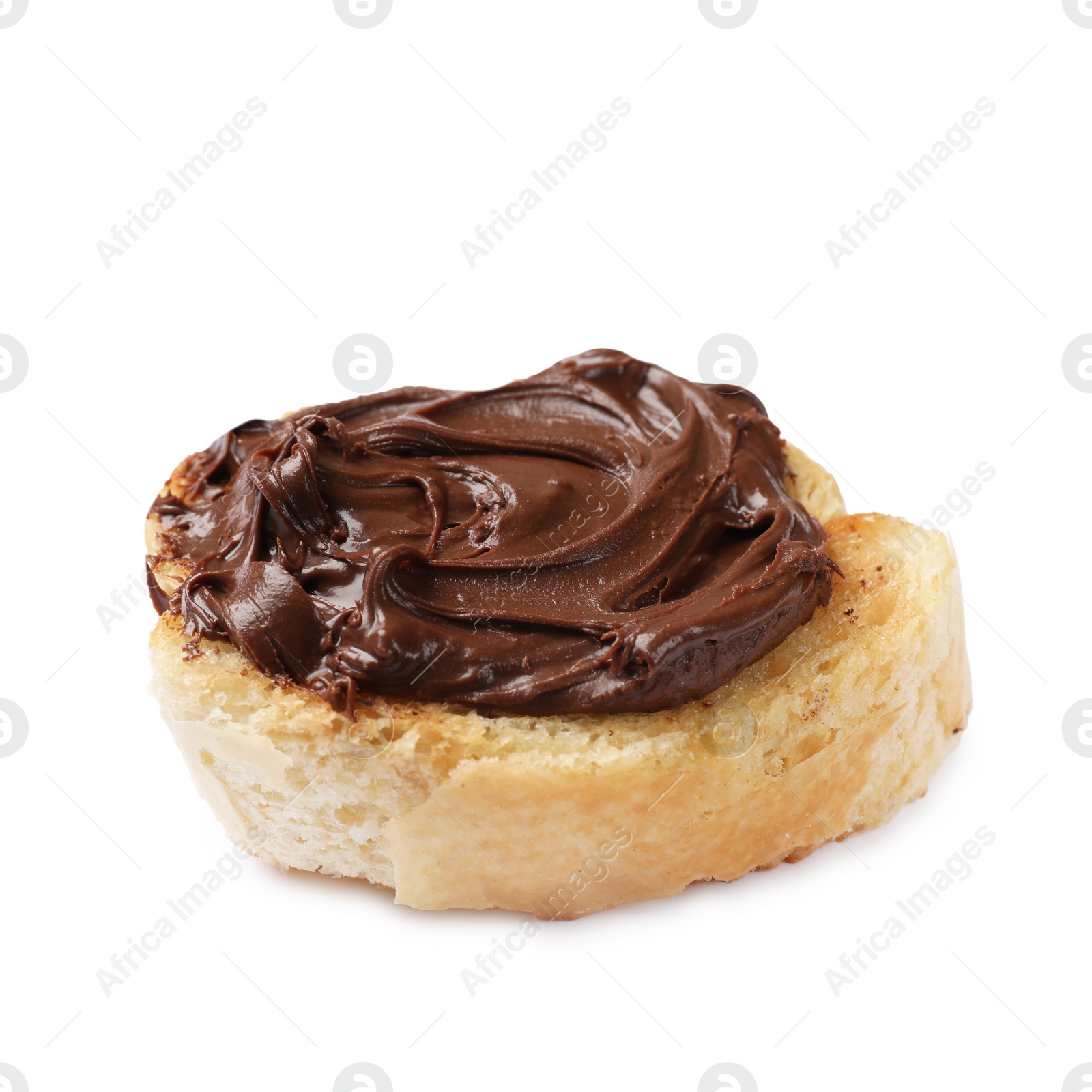 Photo of Piece of toasted bread with chocolate paste isolated on white