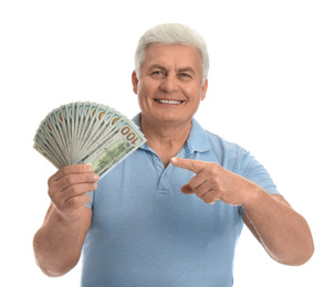 Photo of Happy senior man with cash money on white background