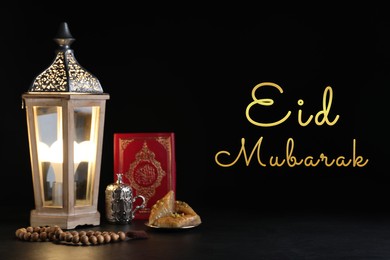 Image of Eid Mubarak greeting card. Composition with Arabic lantern and Quran on table against black background
