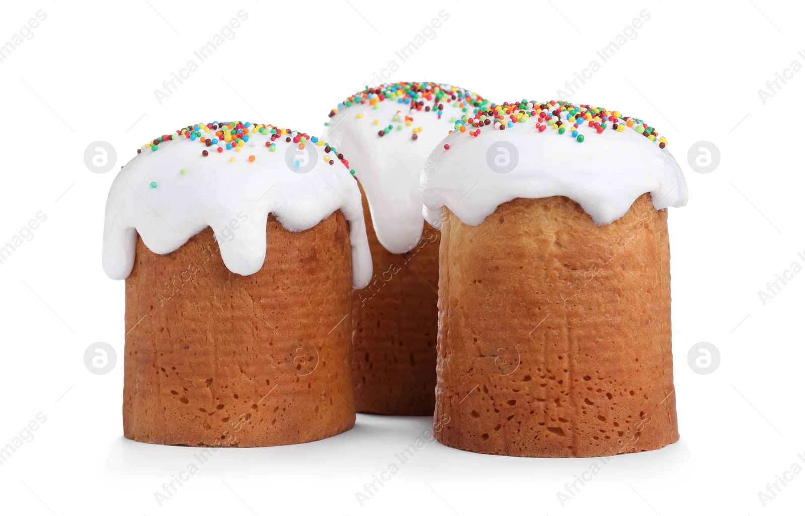 Photo of Traditional decorated Easter cakes on white background