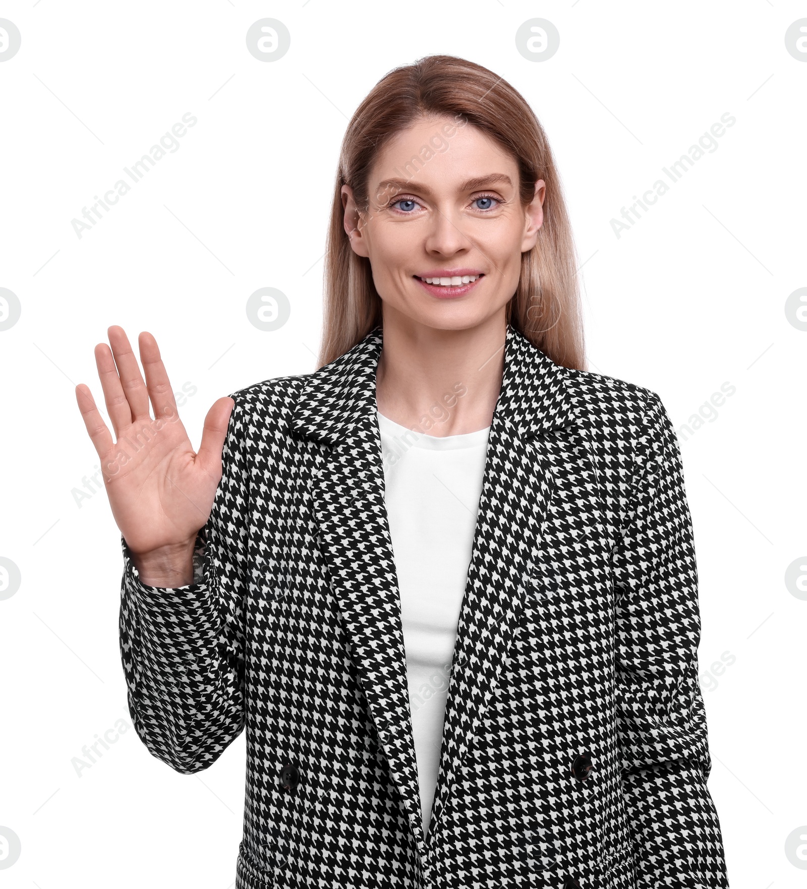 Photo of Beautiful happy businesswoman in suit welcoming on white background