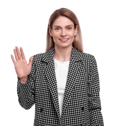 Beautiful happy businesswoman in suit welcoming on white background